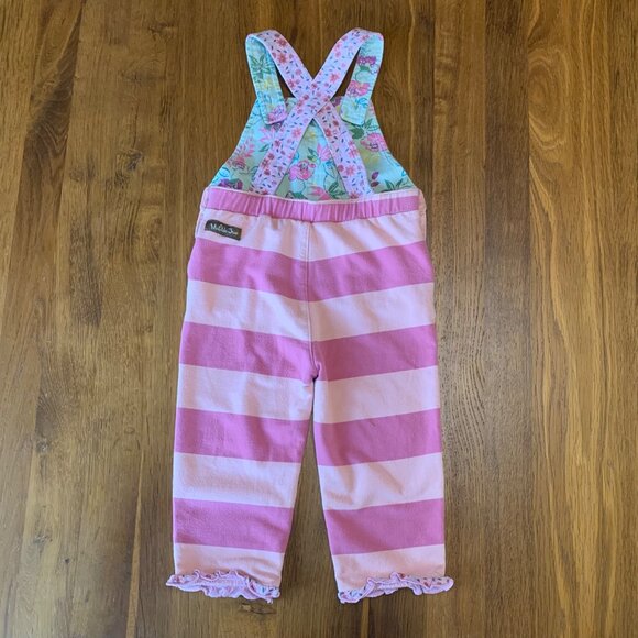 MATILDA JANE Striped Overalls Girls 12-18 Mos Pink Stripes Floral Ruffles Romper - Picture 2 of 11